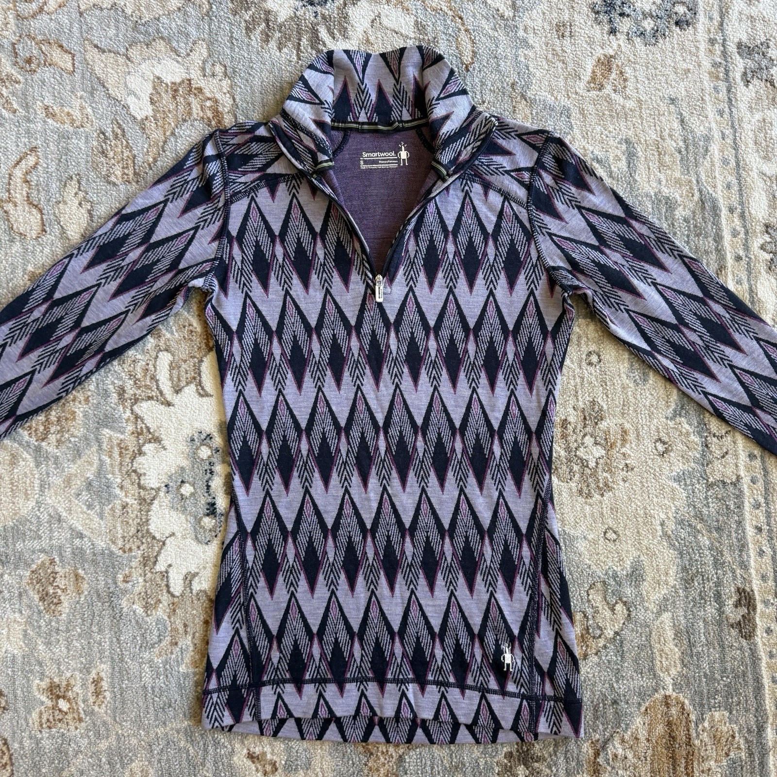 Smartwool Womens Merino Wool 250 Top 1/4 Zip S Purple Argyle Outdoors Hiking