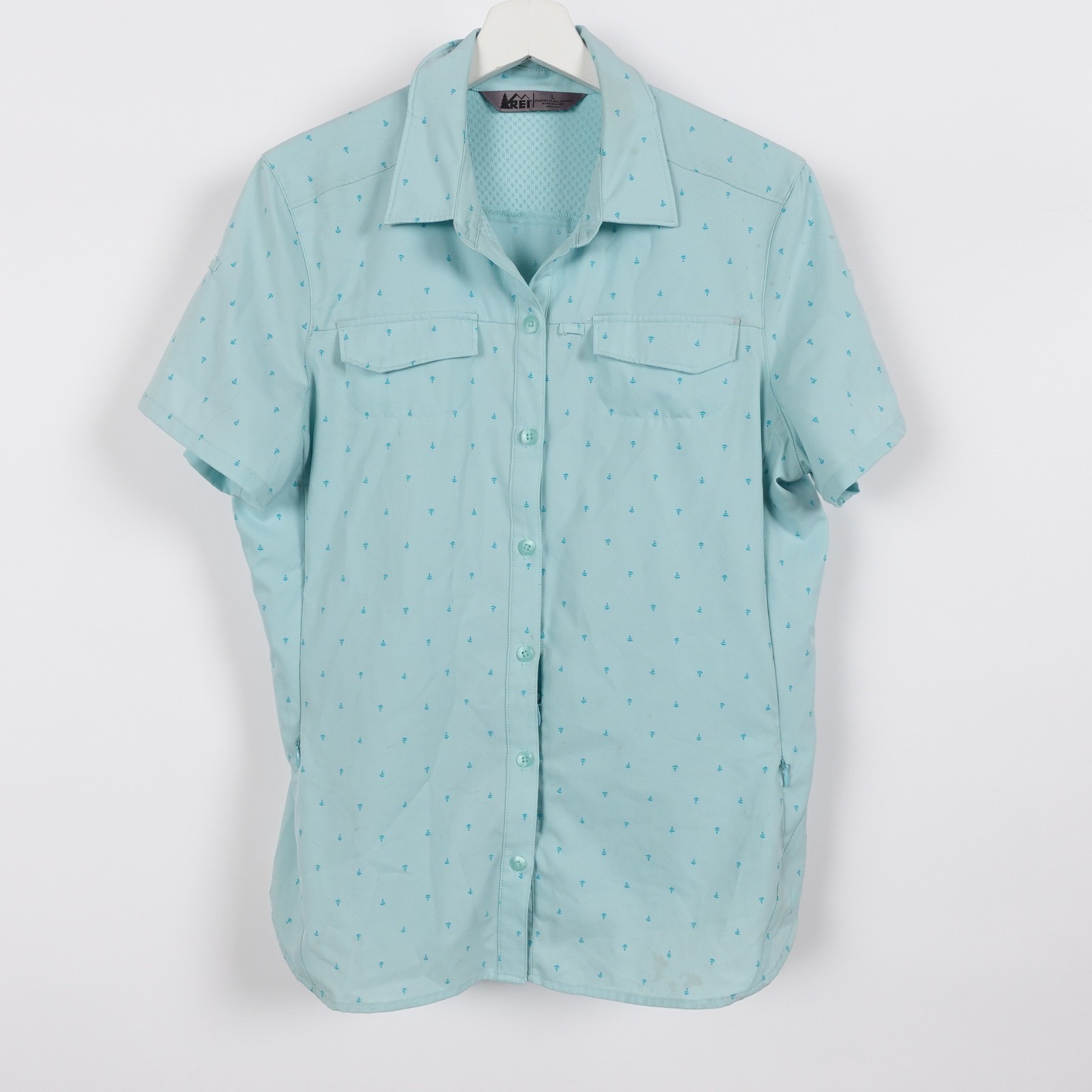 REI Women’s Stretch Hiking Shirt Size Large Zip Pockets Green Tree Print Blue
