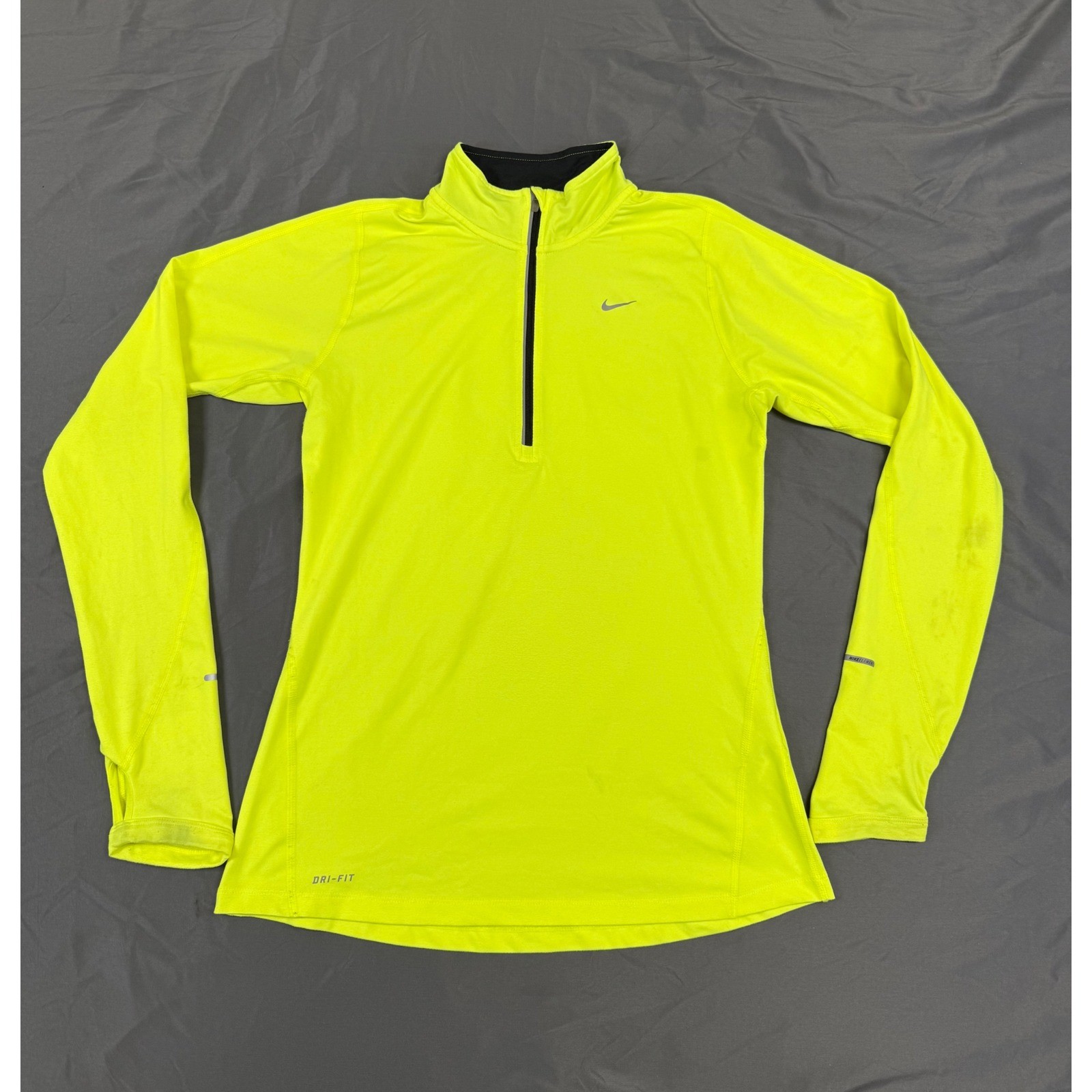 Nike Running Dri-FIT Half Zip Pullover Neon Yellow Volt Womens Small Thumbholes