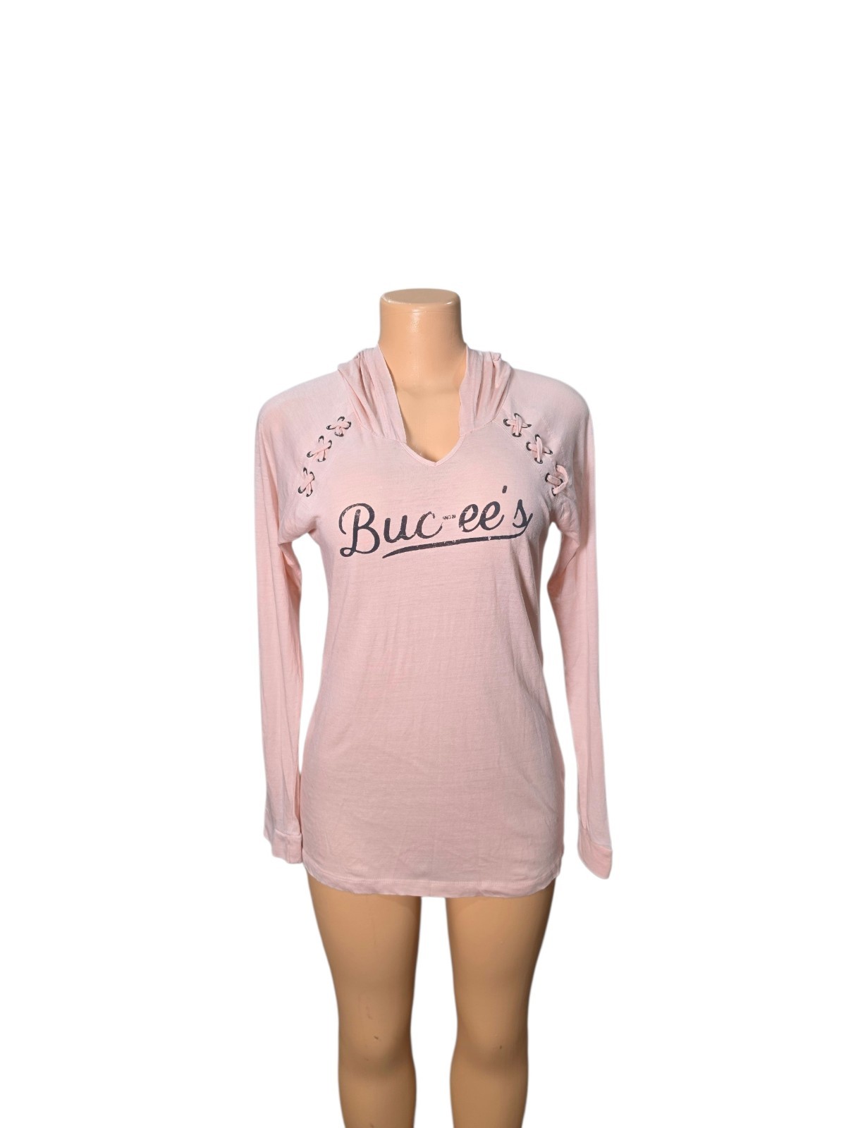 Women’s Size Small Buc-ees Lightweight Summer Tee Shirt Hoodie Baby Pink