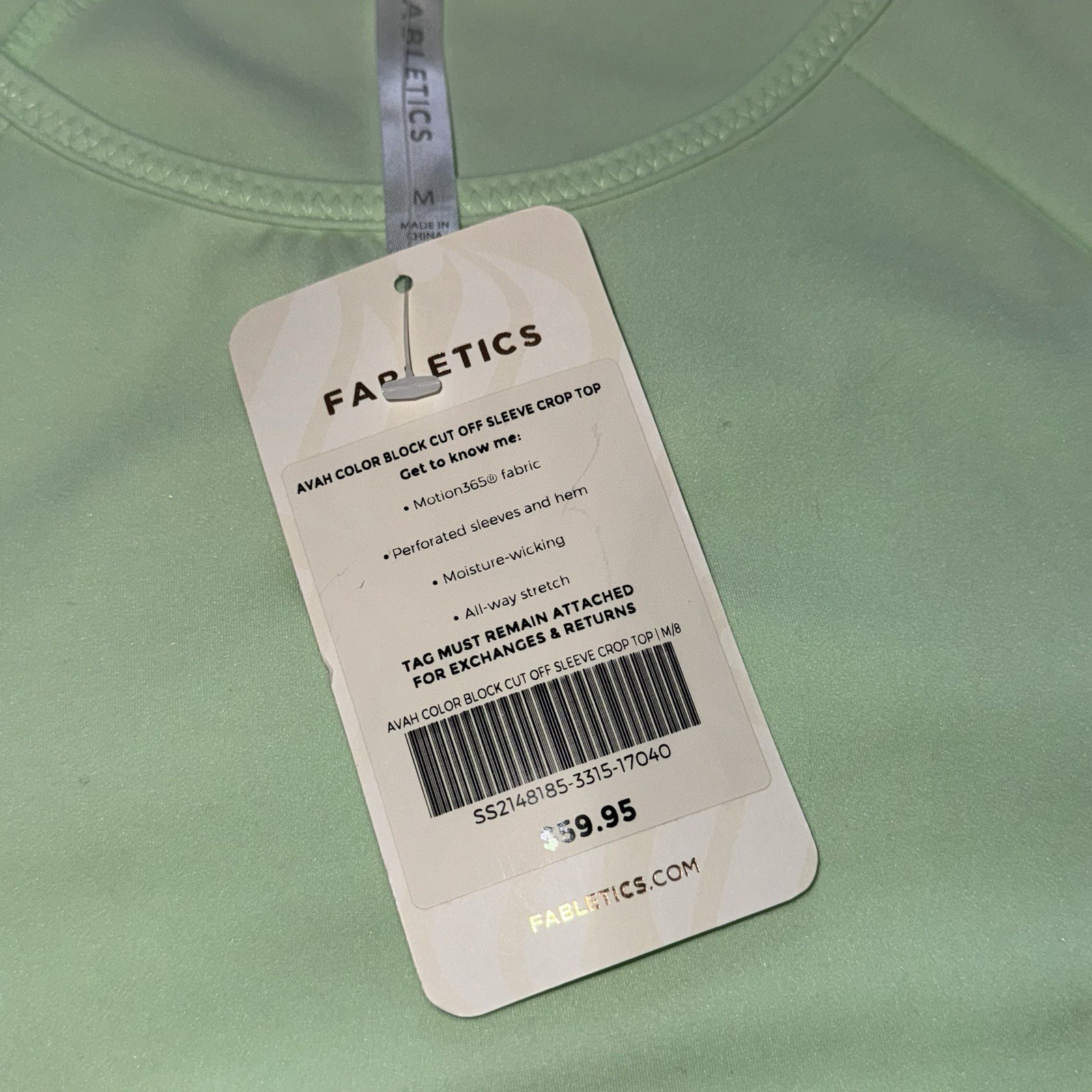 Fabletics Avah Color Green Block Cut Off Sleeve Crop Top Women’s Size Medium NWT