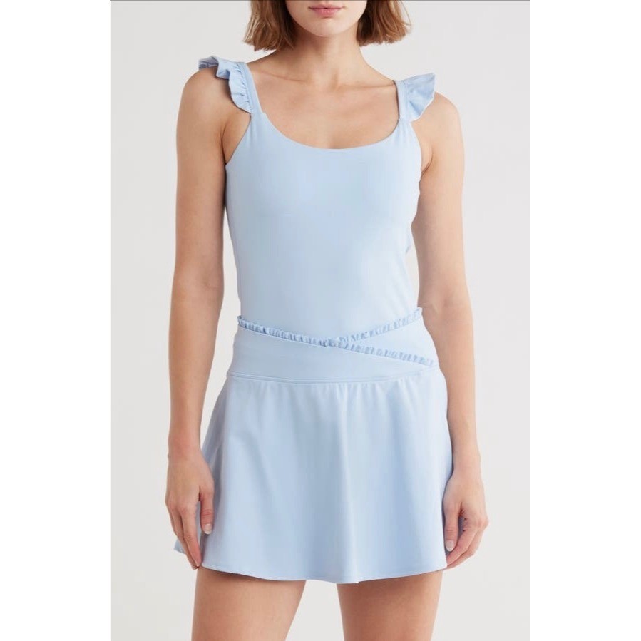 NWT Yogalicious Light Blue Lux Rosa Ruffle Strap Shelf Bra Tank Top Sz L Sporty