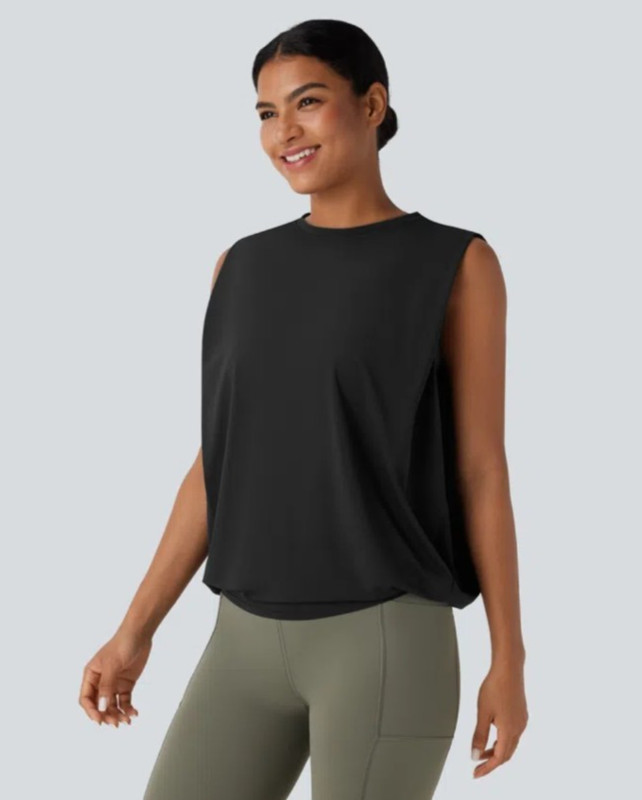 Halara Woman’s S Black Round Neck Ruched Cool Touch Yoga Tank UPF50+