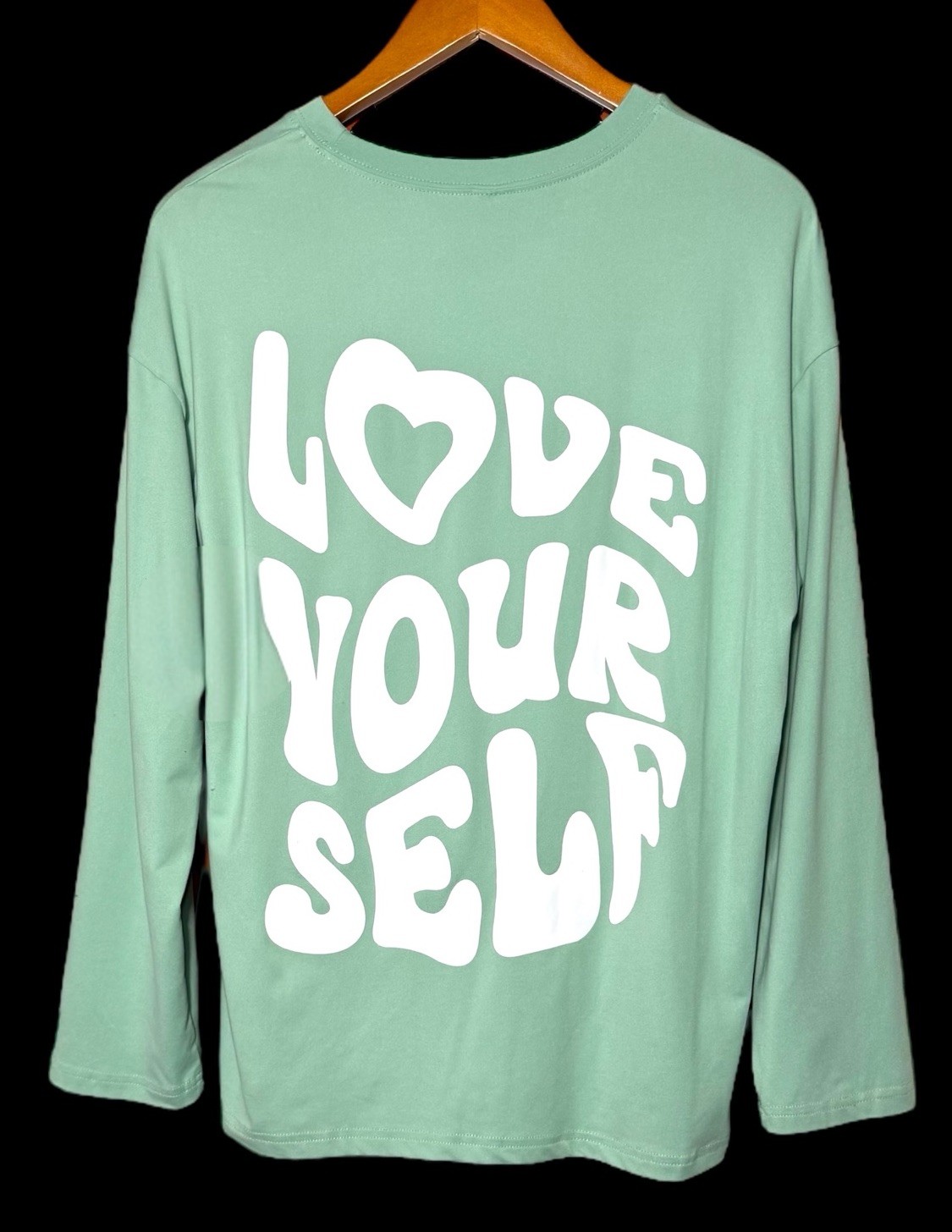 SHEIN Women Long Sleeve Light Green Shirt “Love Your Self” Print Stretch Size XS