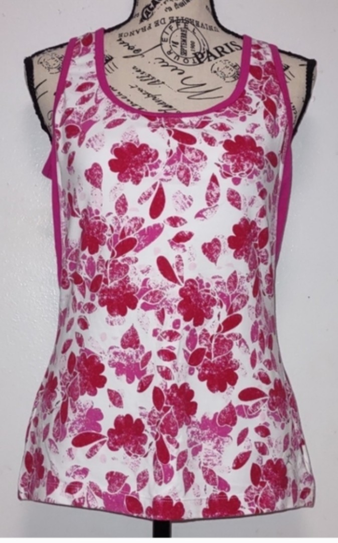 Danskin Floral Pink Tank Top Size L (12-14) Activewear Made in Cambodia