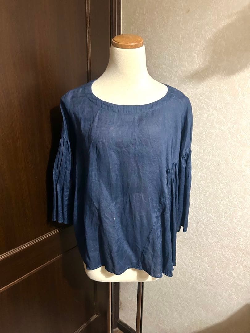 nest Robe 100% Linen Flare Sleeve Blouse Navy Pullover Loose Fit Free Japan