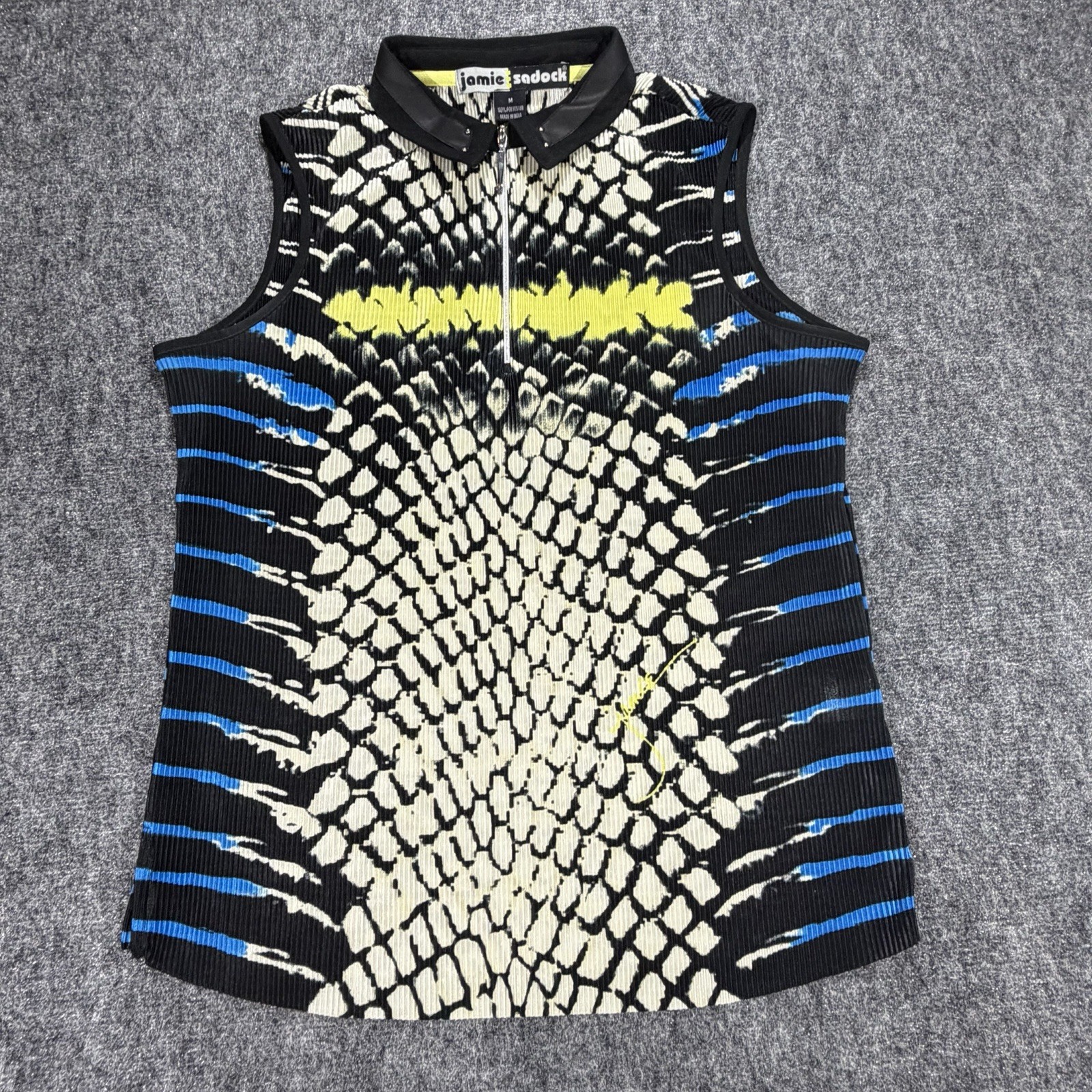 Jamie Sadock Womens Crinkle Snake Print Sleeveless Zip Top Blue Yellow M