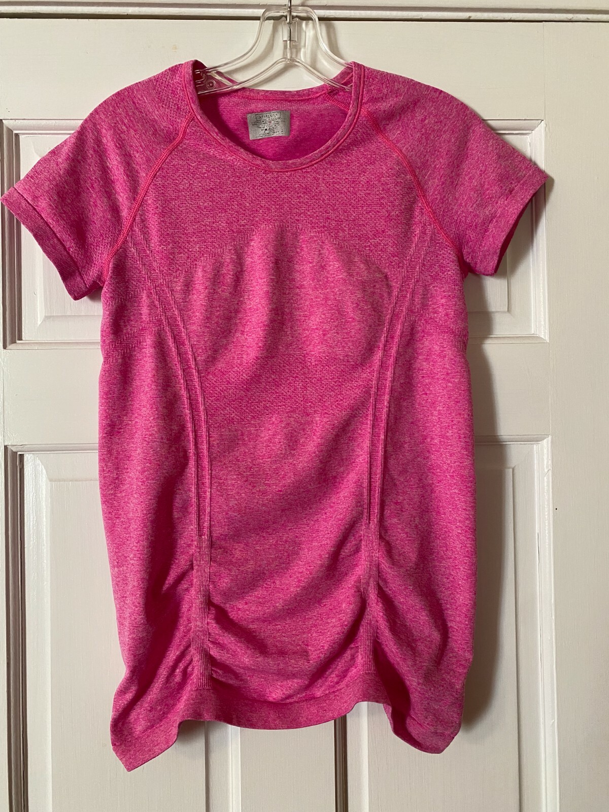 ATHLETA Top Fastest Track T Shirt Ruched Short Sleeves Pink Heather