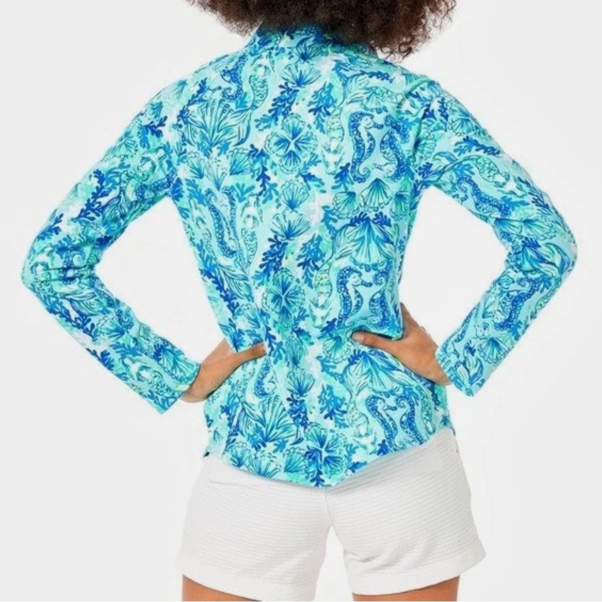 Lilly Pulitzer Seeing Double UPF50+ Skipper Popover in Sea Glass Aqua Medium NEW