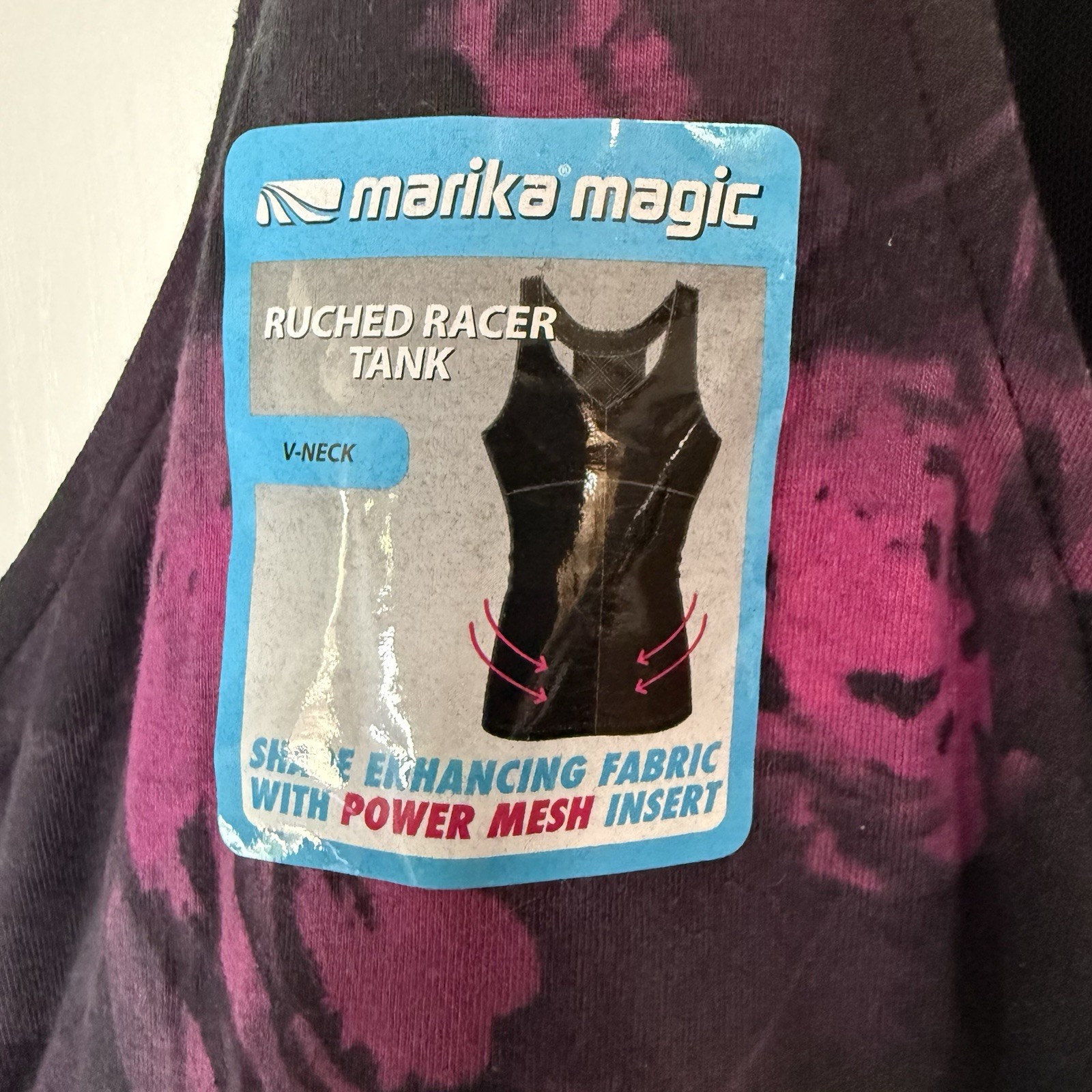 NWT Marika Magic Ruched Racer Tank Top Womens Large Floral Workout Built In Bra