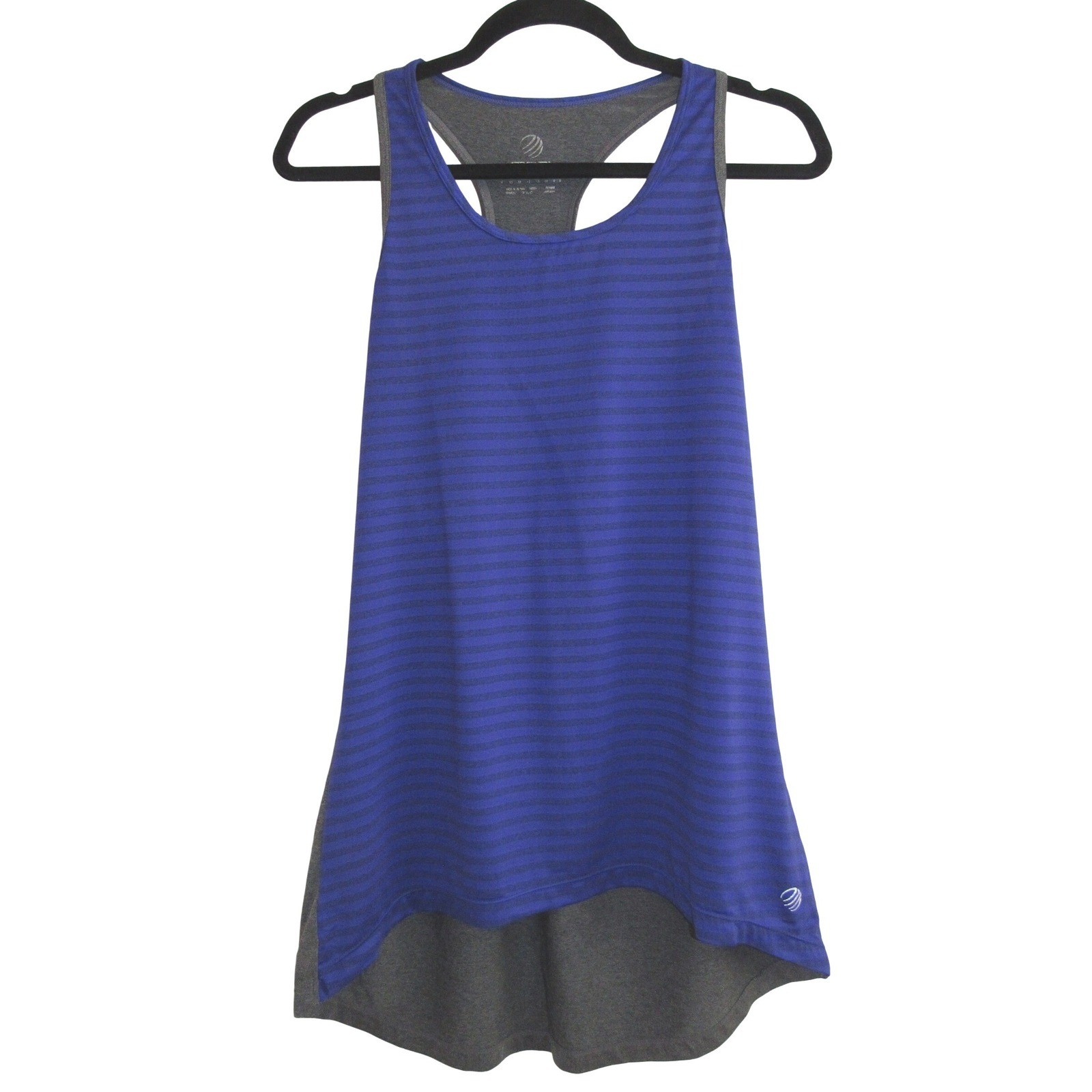 MPG Women’s M Yoga Athletic Active Blue Gray Striped Racerback Tank Top Hem