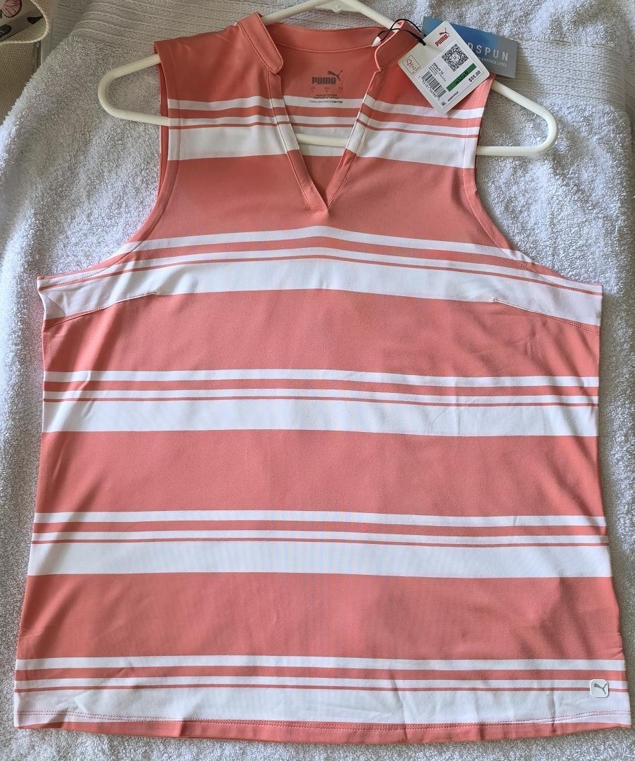 Puma Cloudspun Stripe Sleeveless Golf Polo Tank Top Pink Size Large NWT