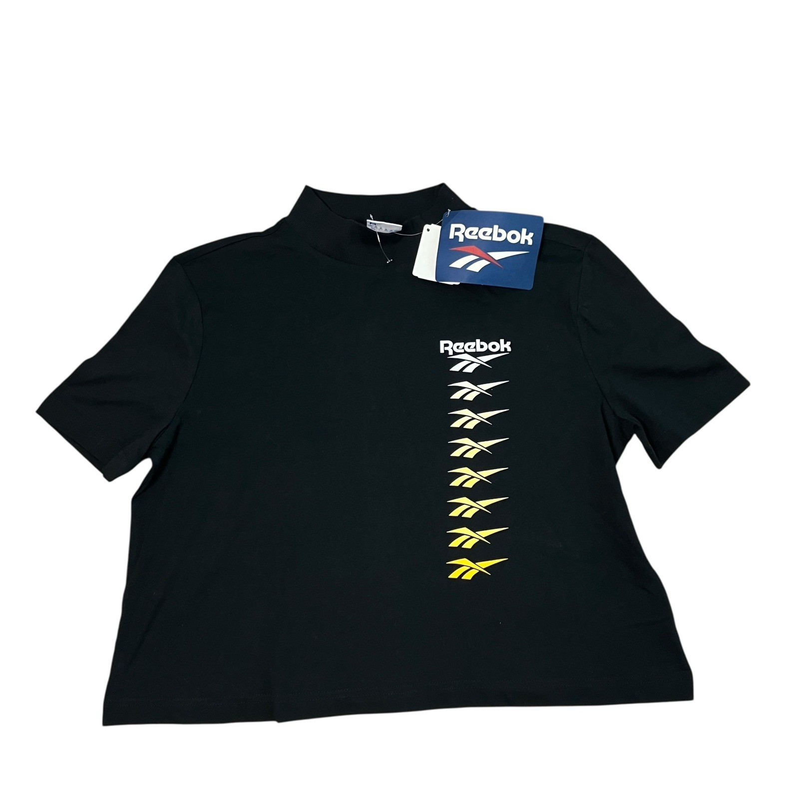 Reebok T Shirt WMNS Black Sporty Mock Neck Athletic Tee Cropped Short Sleeve M