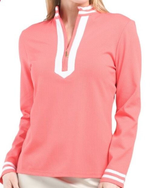 NWT Ladies CABANA LIFE Bright Coral Twill Tape Long Sleeve Mock Top Shirt – XL