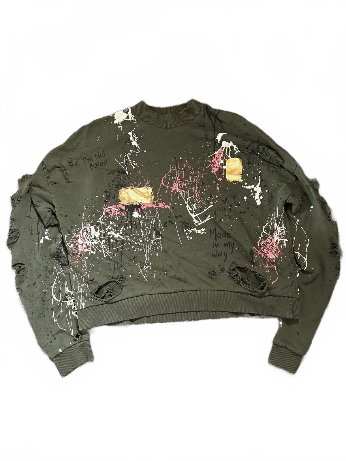 Zara Sweatshirt High Neck Green Distressed Grafitti Splatter Paint Large Women