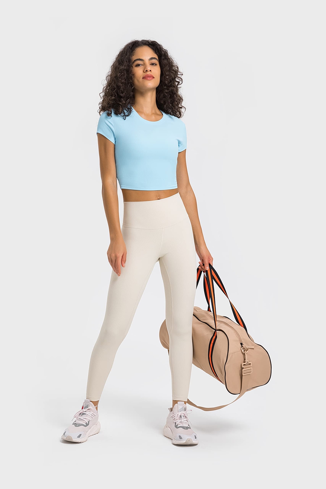 Ribbed High Neck Cropped Workout Tops for Women (Light Ivory, M)