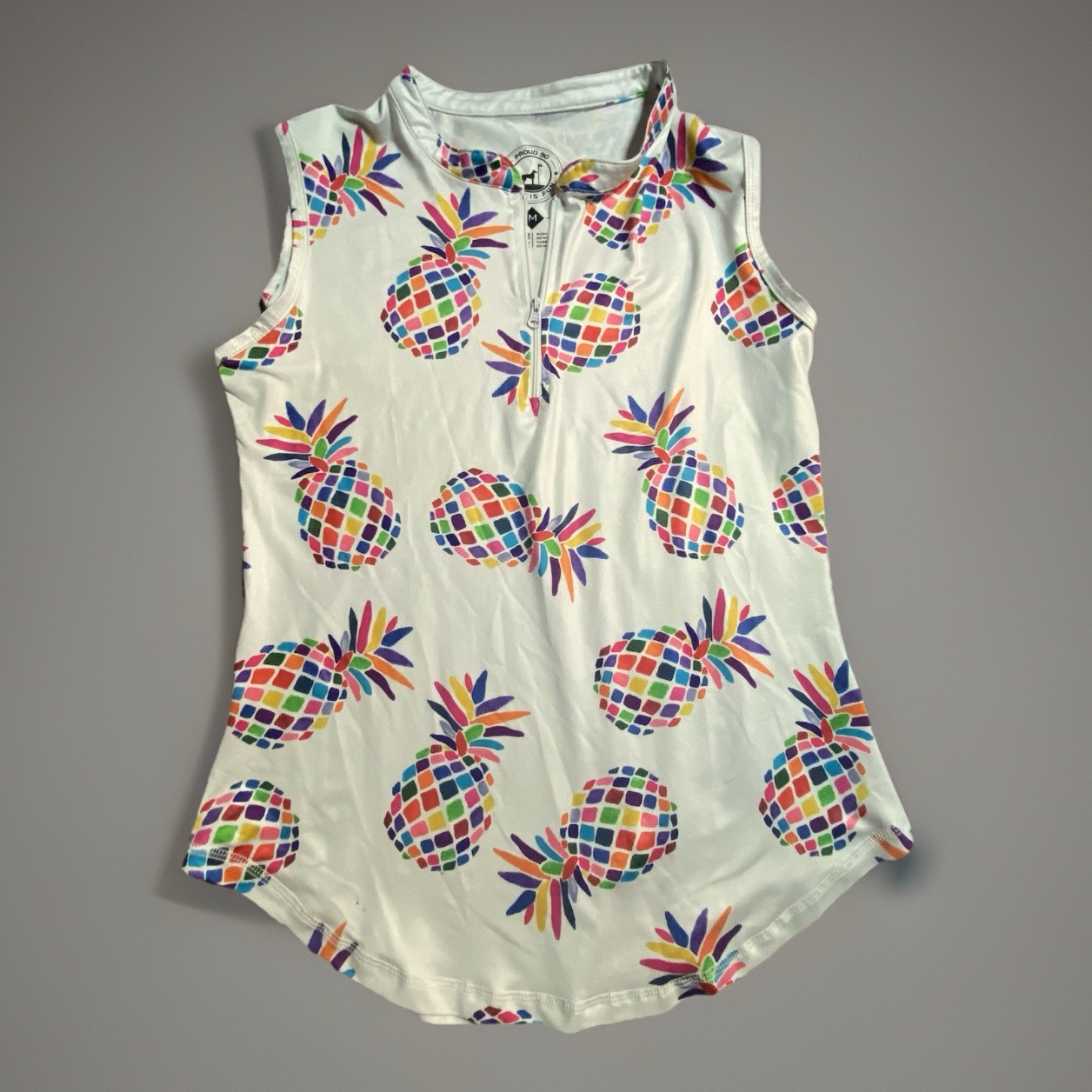 Proud 90 Pineapple Party Sleeveless Golf Polo Top M White Pickleball Colorful