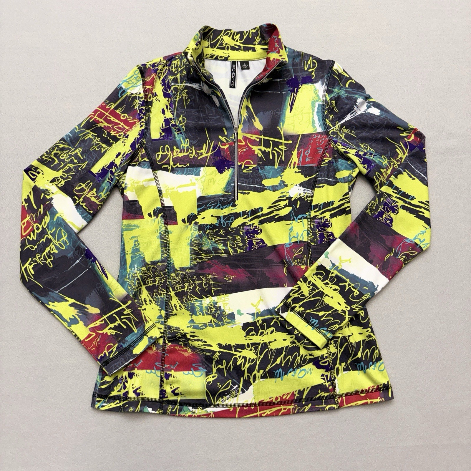 SNO SKINS Pullover 1/4 Zip Top Graffiti Print Yellow Black Red Women’s Size L