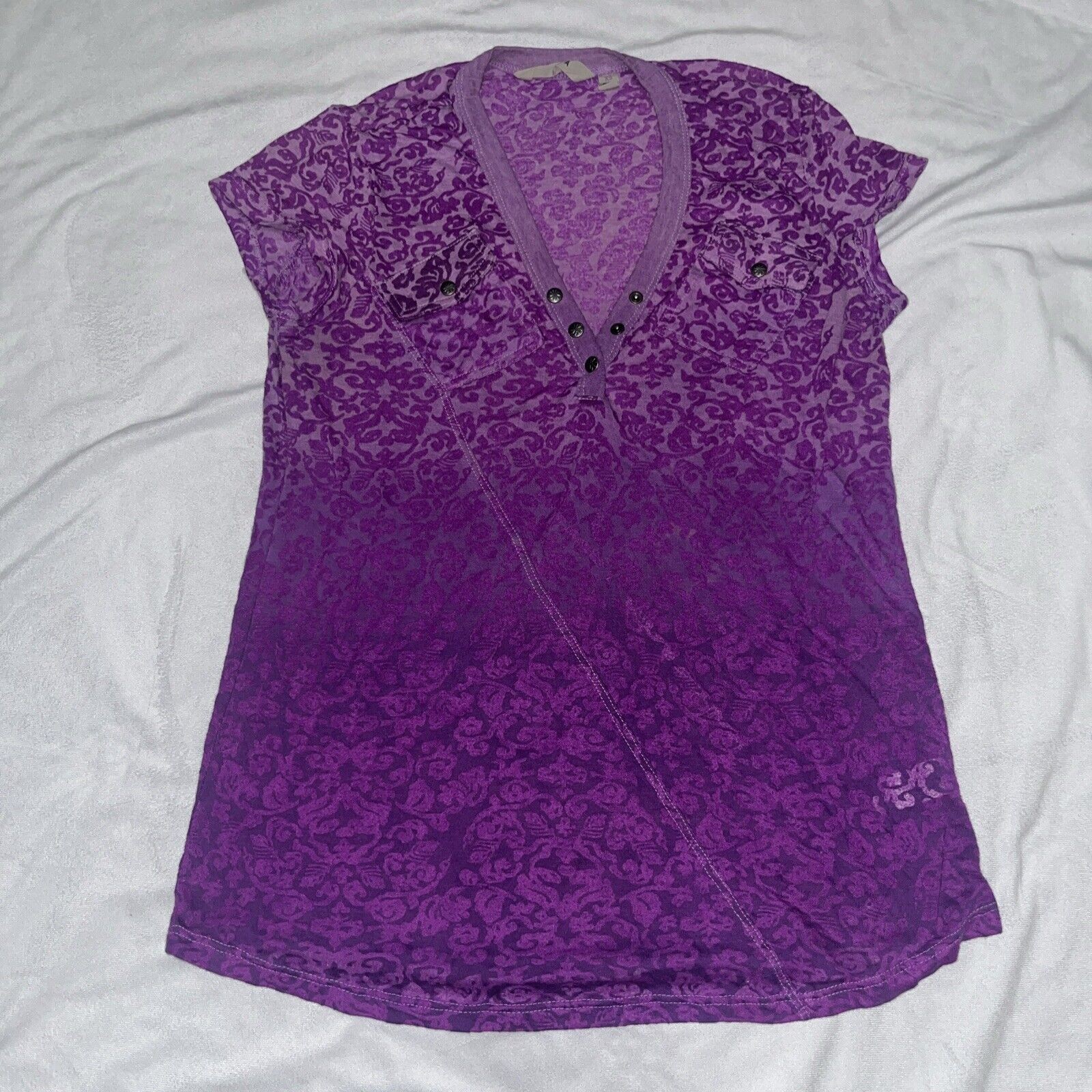 Athleta Printed Military Sheer Burnout Tee T-Shirt XS Snap Pockets Purple Y2K