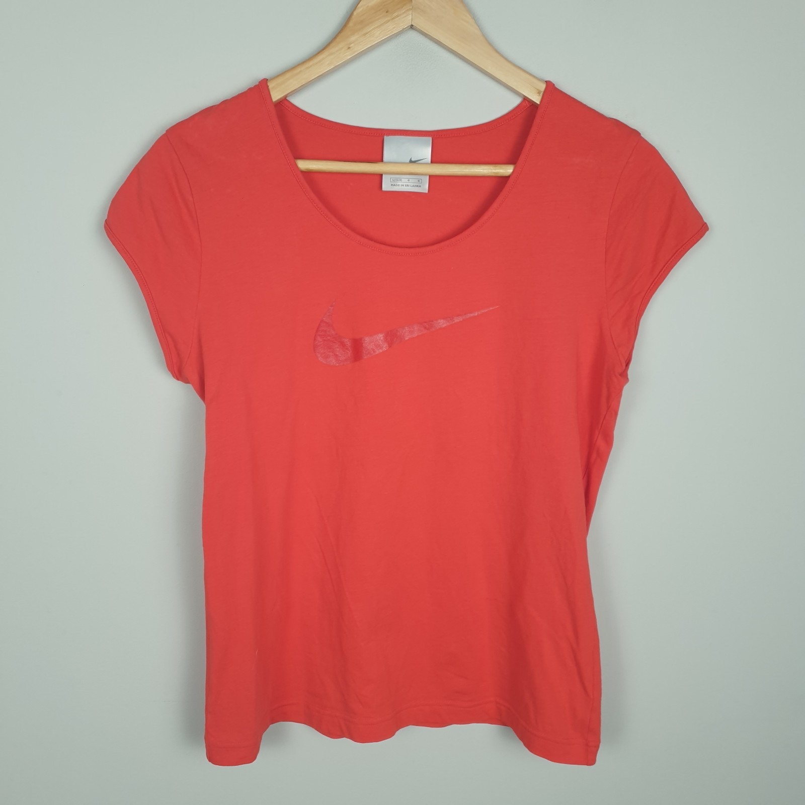 Nike T Shirt Womens Large Orange Swoosh Logo Gym Training Sports Active