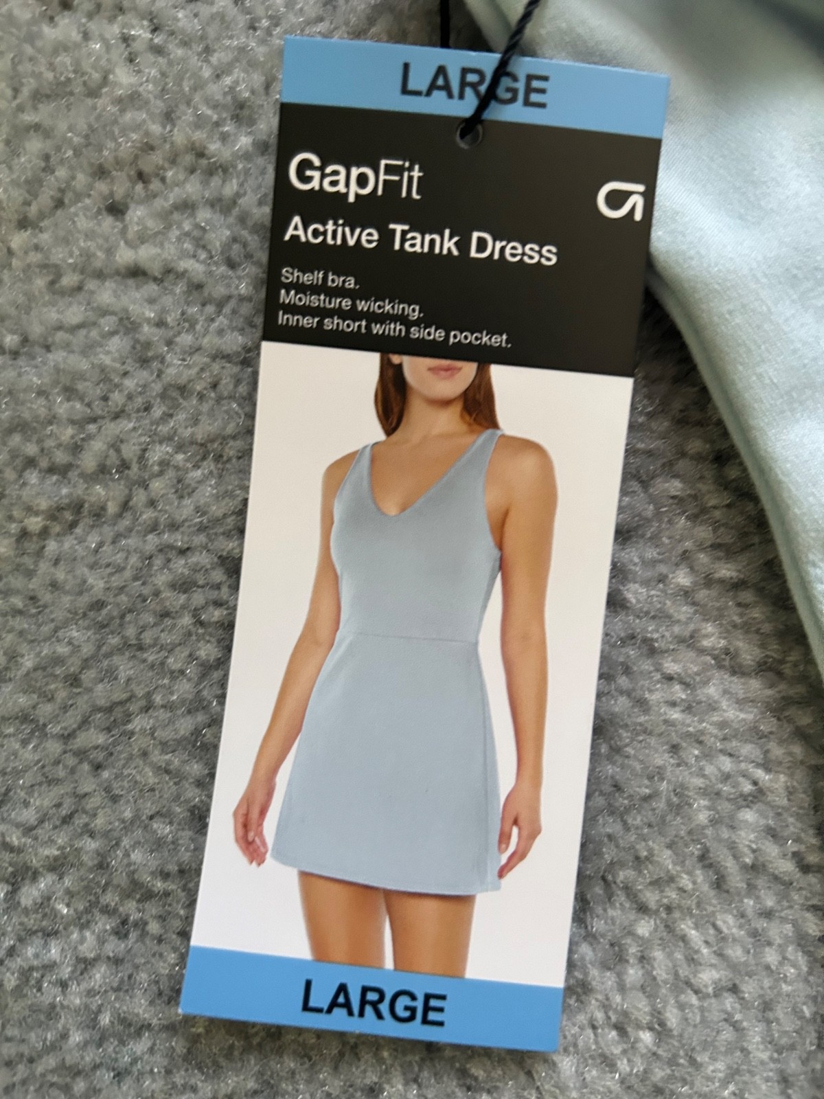 NWT $69.95 GapFit Active Tank Dress Light Blue w/ Shelf Bra Inner Short Size L