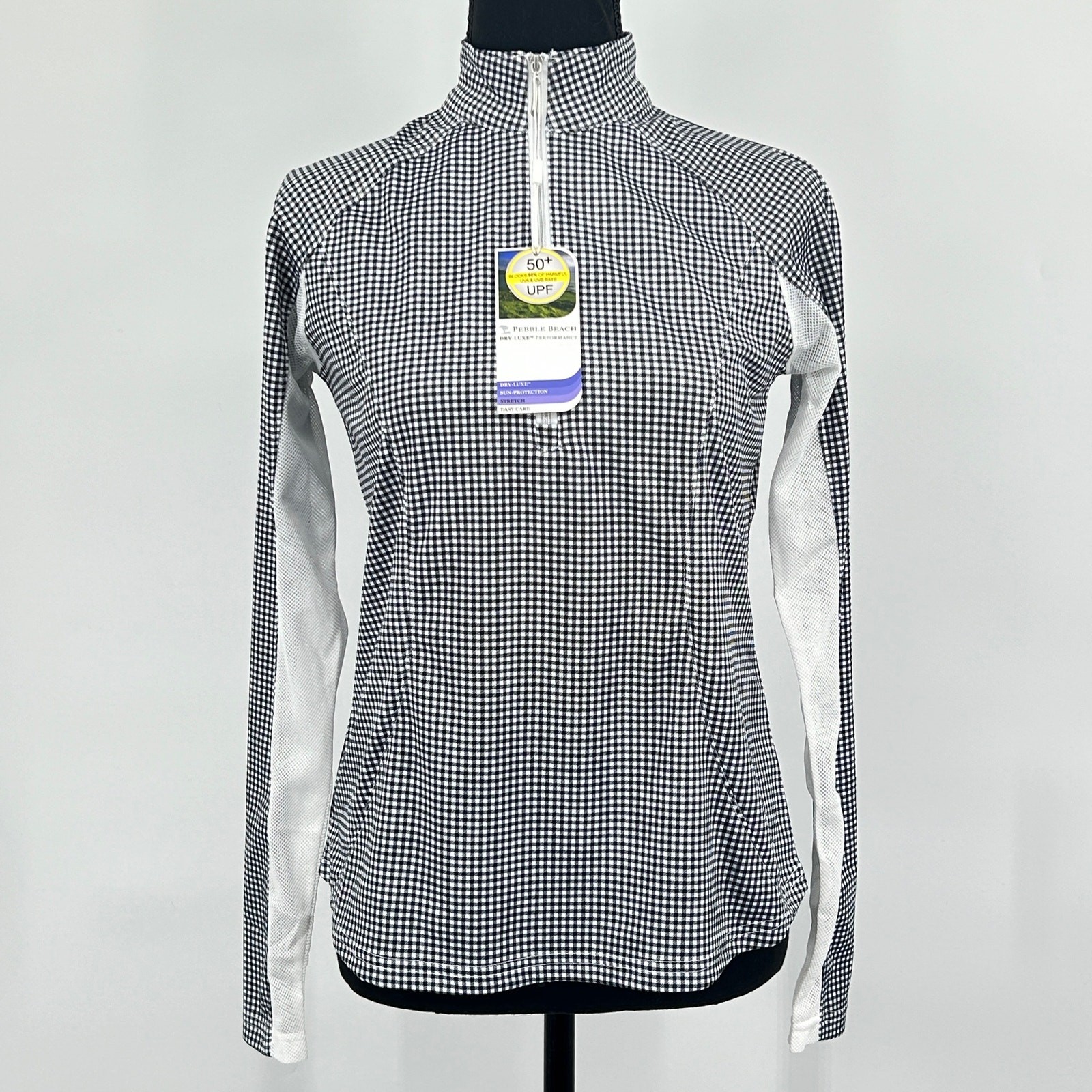 Pebble Beach Golf Pullover Shirt Womens Long Sleeve 1/4 Zip Gingham White XS NWT