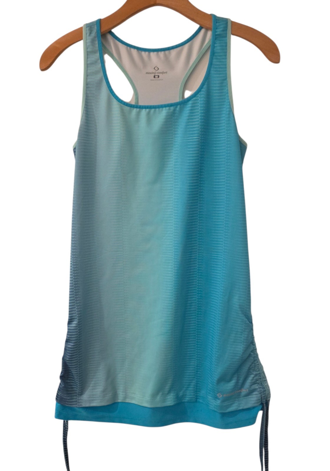Moving Comfort Workout Tank Top Racerback Blue Ruched Sides Long Womens Medium