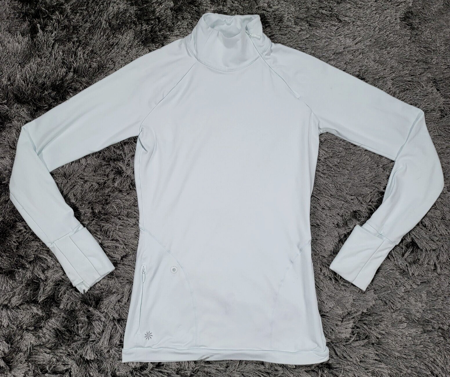 Athleta Shirt Womens 2XS Green Blue Mock Neck Zip Pocket Pullover Top Logo Flaws