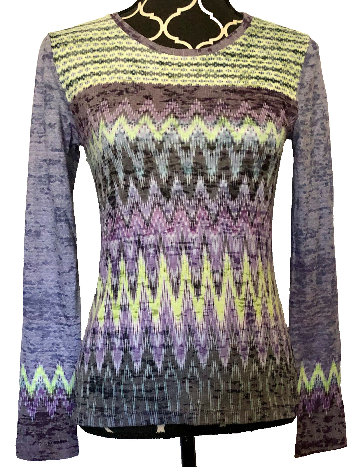 prAna Purple Green Multicolor Chevron LS Crew Neck Top sz XXS NWT