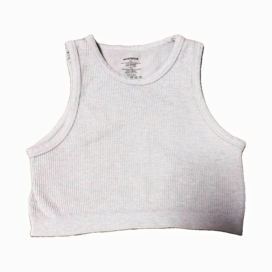 Ambiance Women’s Cropped Ribbed Stretch Tank Top Scoop Neck White S Gym