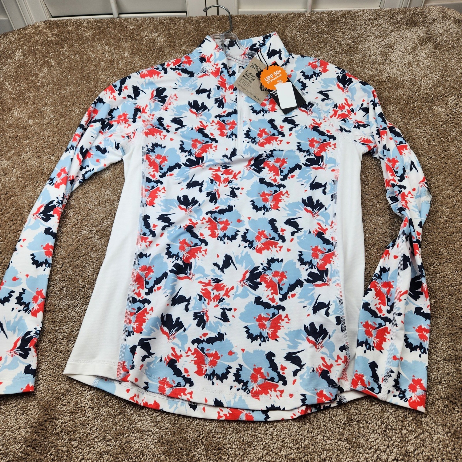Puma Borrego Womens XS Floral 1/4 Zip Pullover UPF 50+ White Red Blue 627665 01