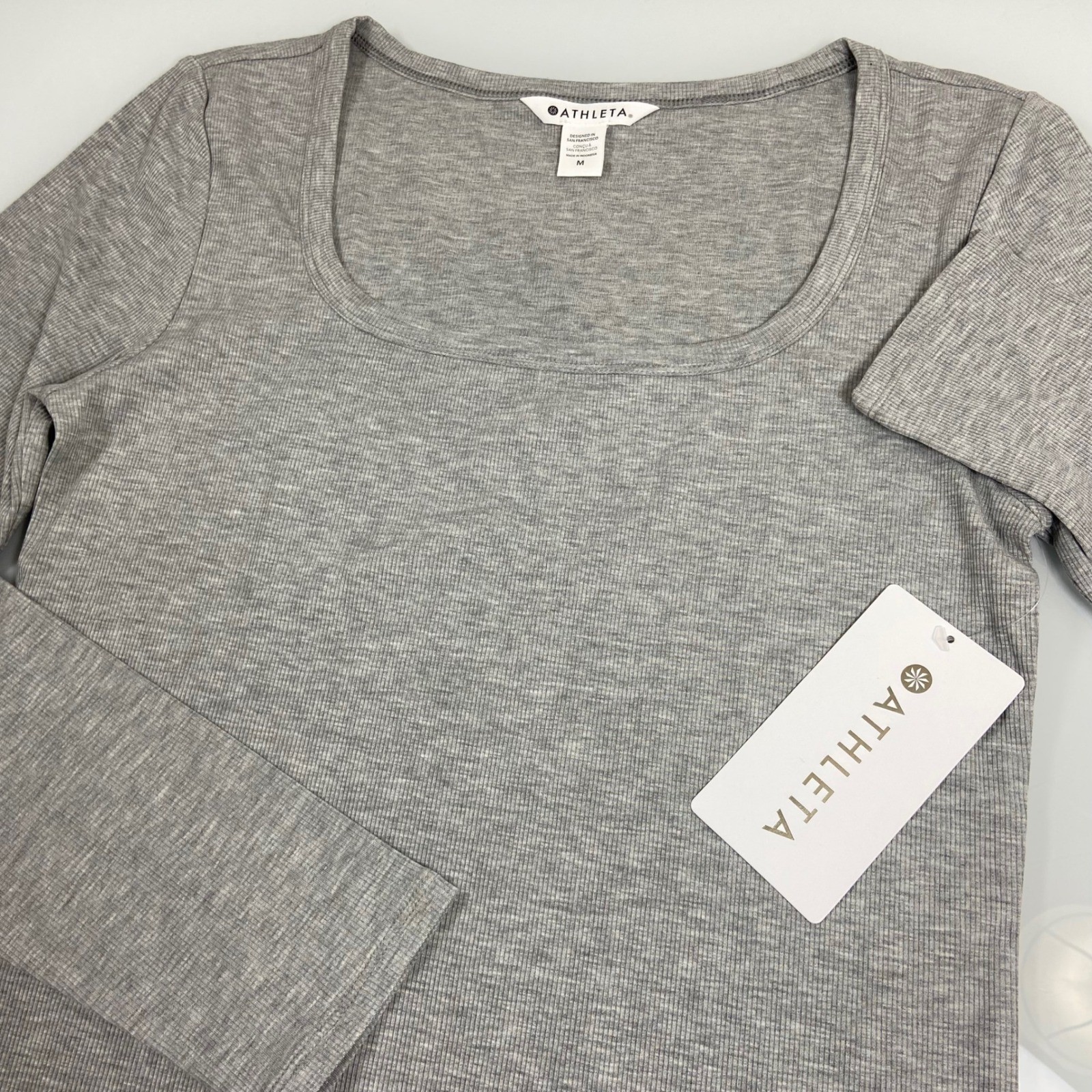 Athleta Womens M Grey Signature Rib Square Neck Top NEW Long Sleeve Casual