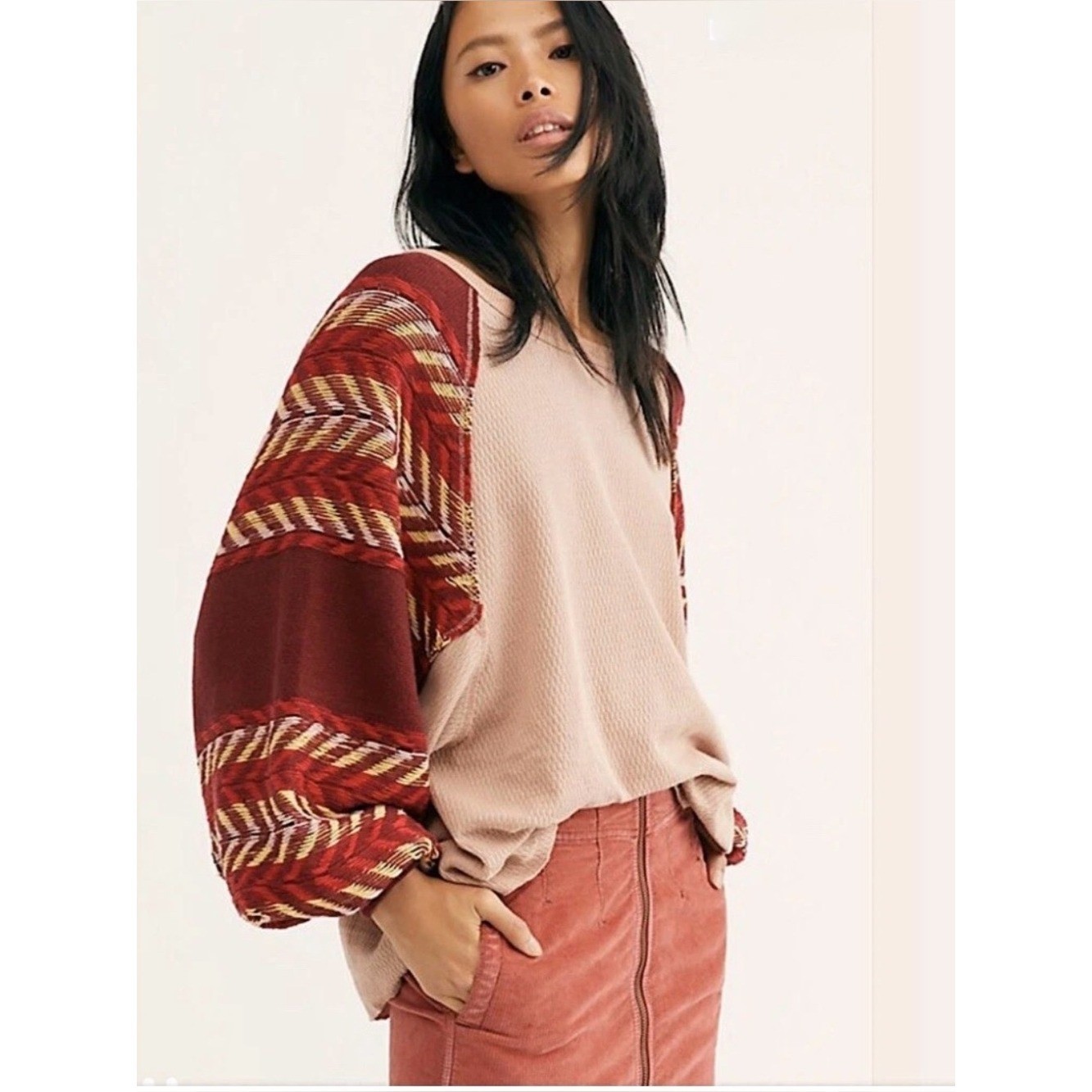 Free People We The Free Arden Thermal Top XS Boho Balloon Sleeve Blush