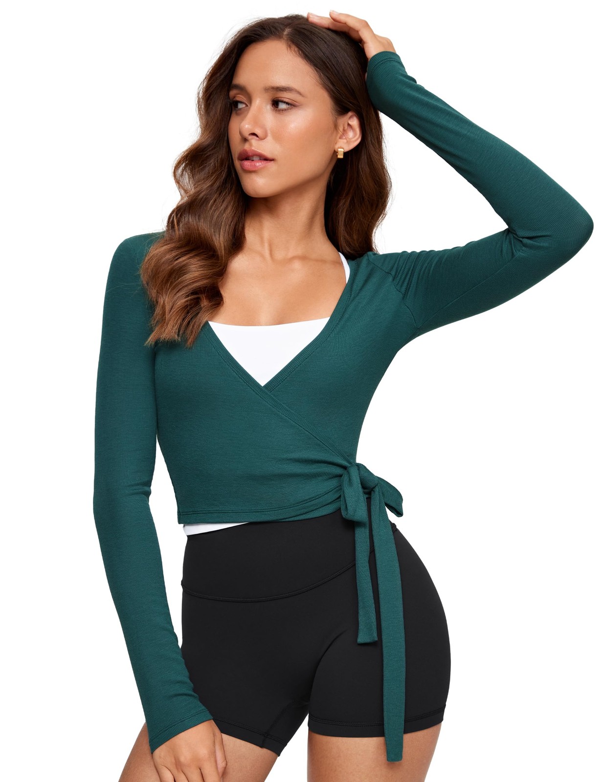 Womens V-Neck Long Sleeve Cross Wrap Top Slim Fit Soft Knit Layering Shirt Ca…