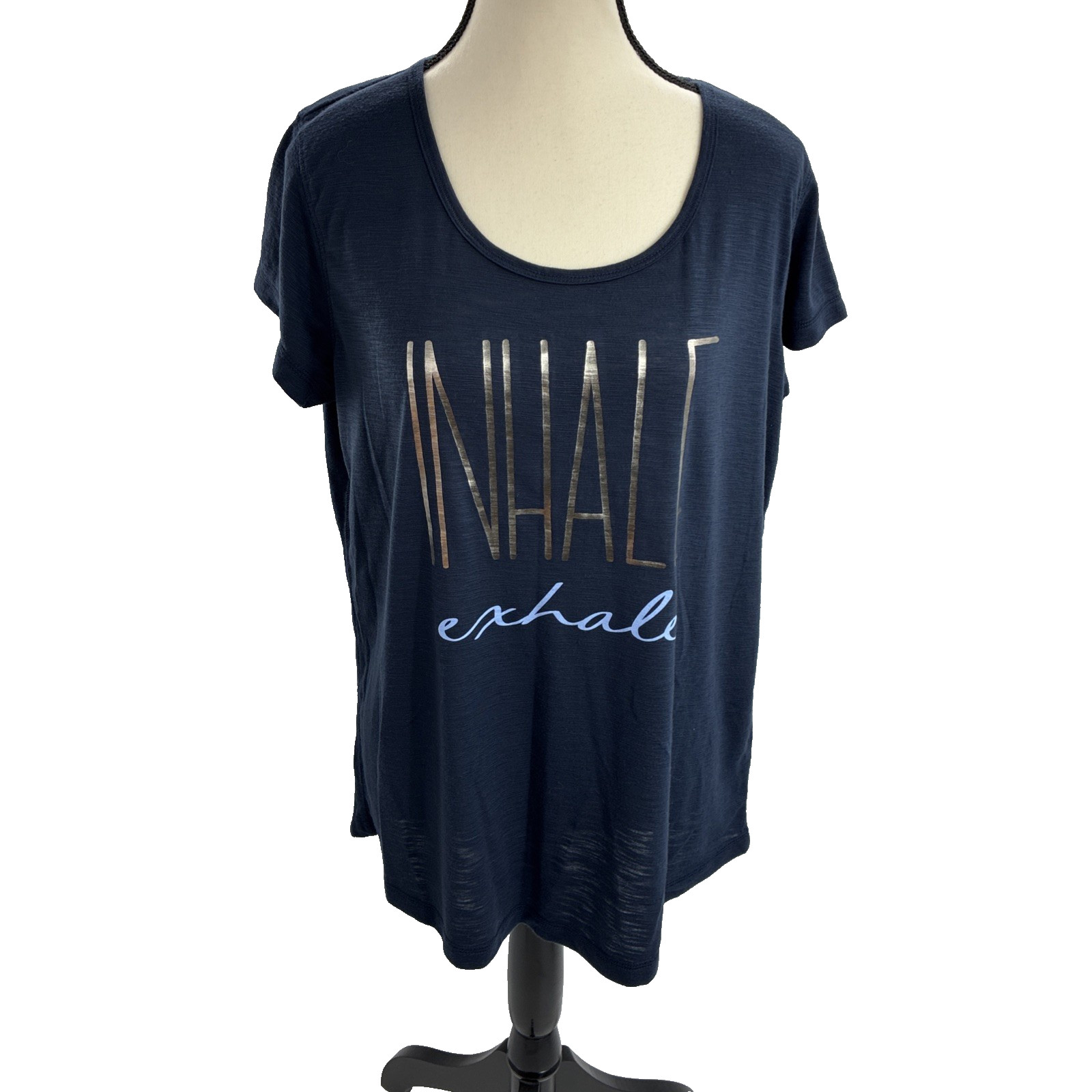 Xersion Womens Size L T Shirt Navy Blue Inhale Exhale Graphic Short Sleeve Tee