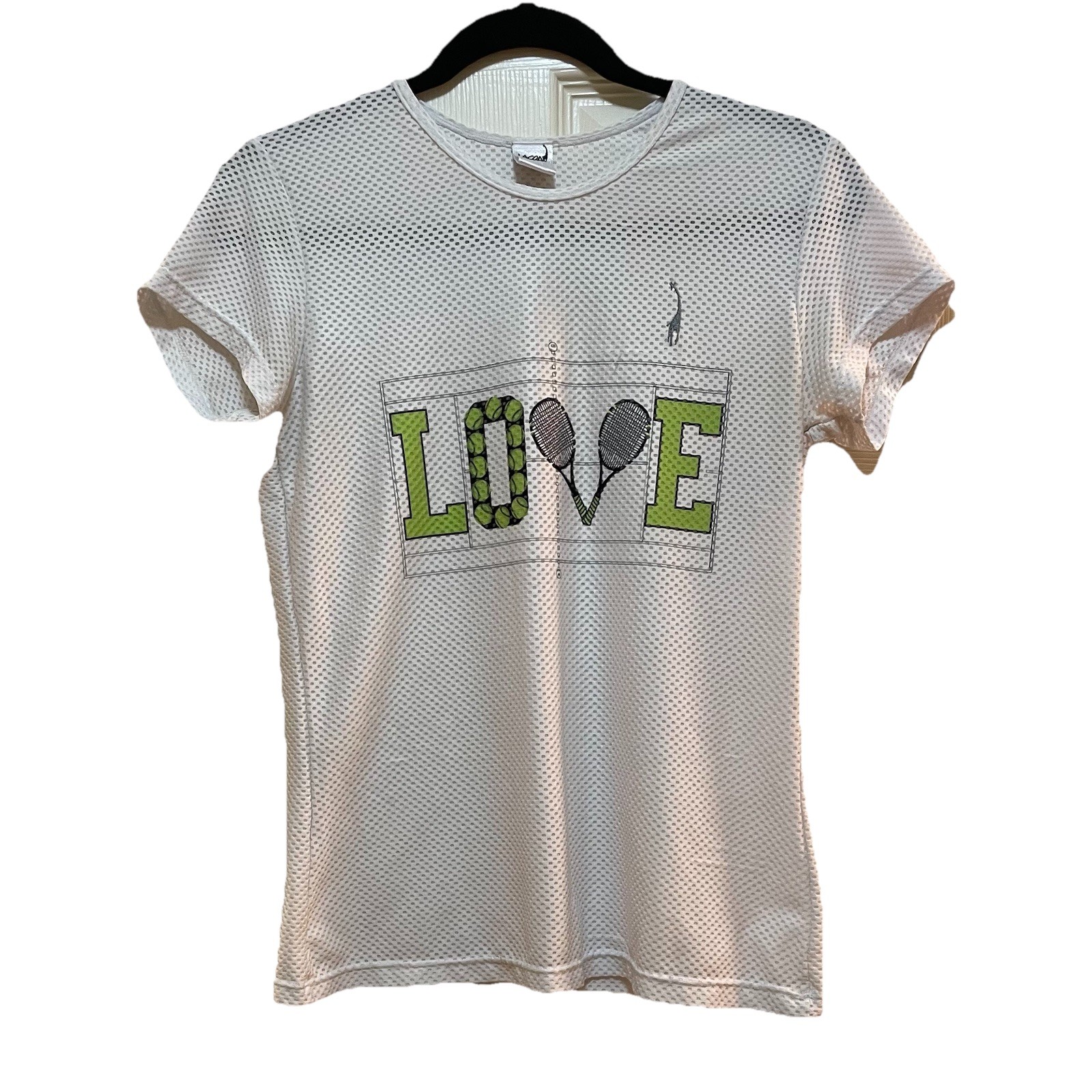 LACOASPORTS White “Love” Tennis Mesh Shirt Sz S