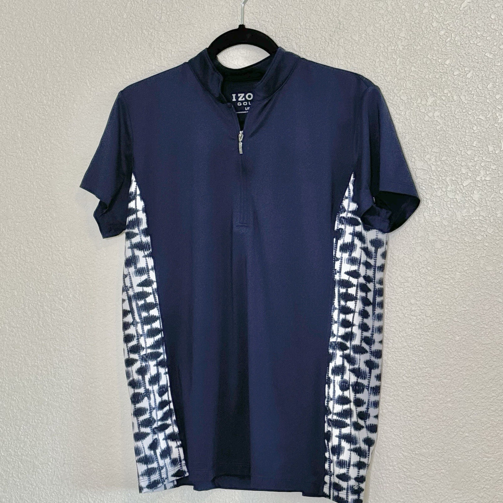 Izod Golf Top Womens L Navy W/ Shibori Print Side Panels Active Front 1/4 Zip