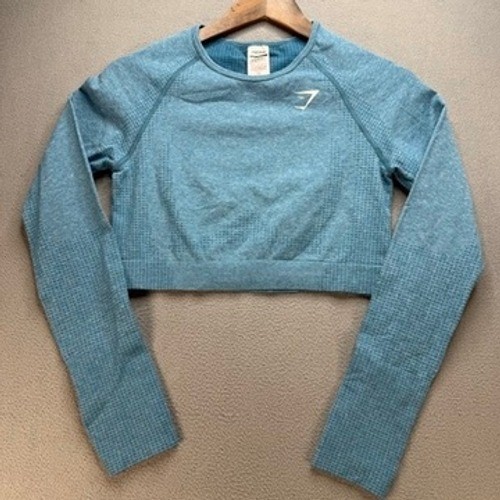 Gymshark Vital Seamless Crop Top Long Sleeve Slim Fit Large Blue Marl Thumbholes