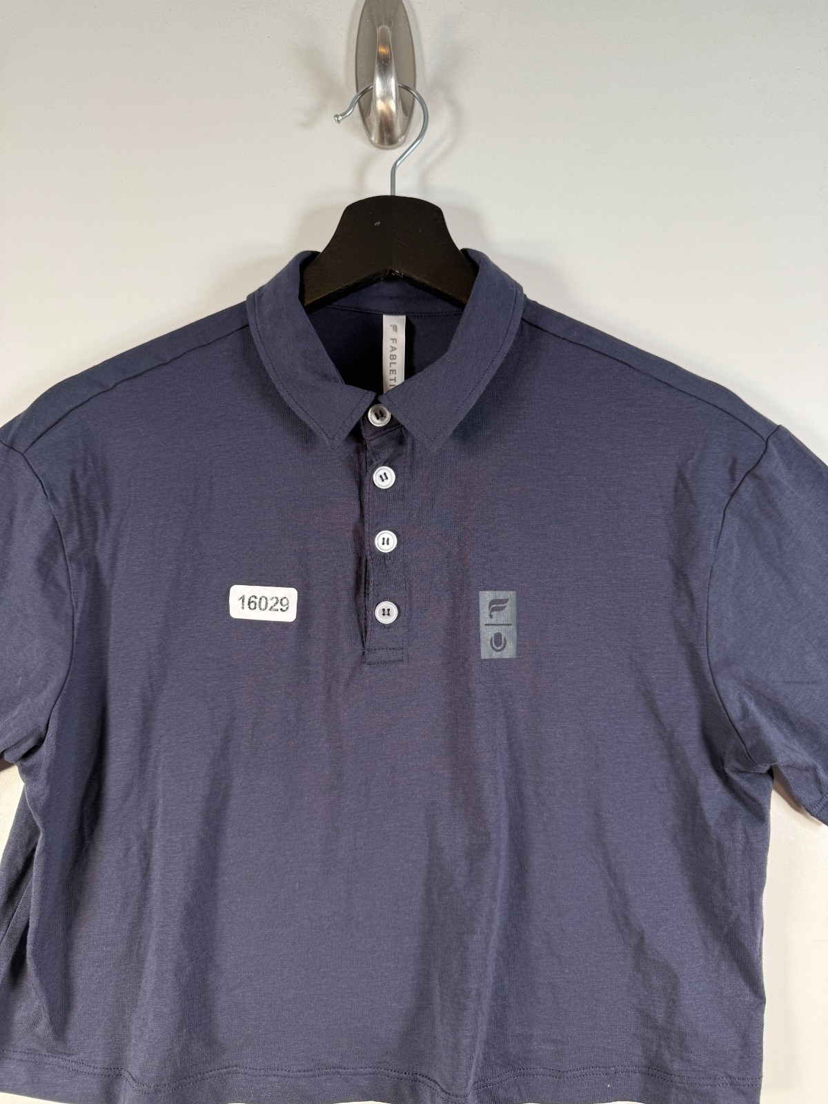 BNWT Fabletics Womens Cropped Boxy Preppy Polo Shirt Top Blue Sz XS 18.5×17