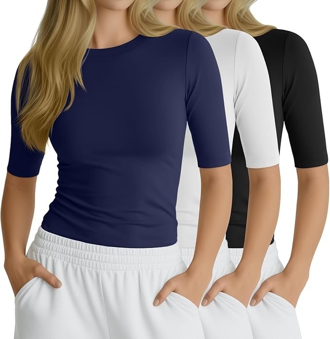 3Pack Ladies Workout Shirts Compression Tops Slim Fit Elbow Length T-Shirts