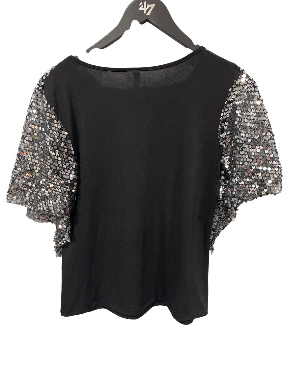 NY Collection Sequin Overlay Poncho Top Women Small Black Silver Party Disco NEW