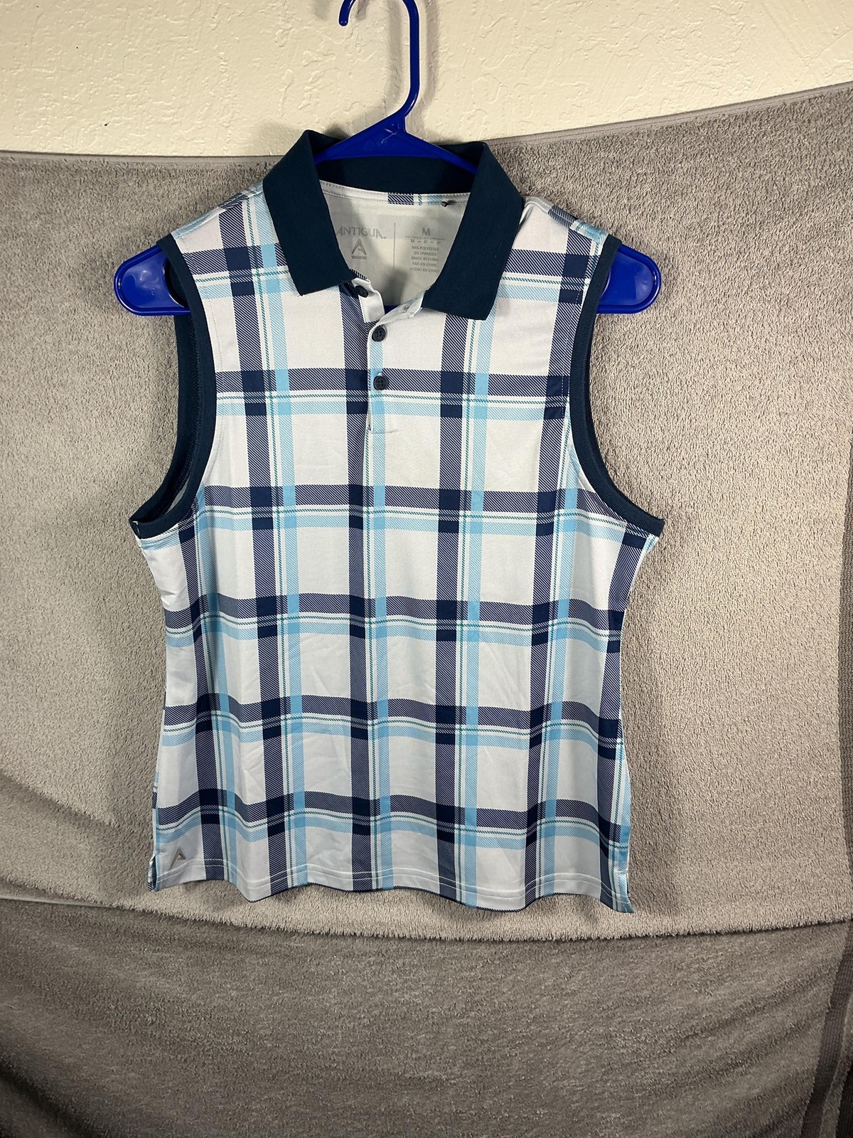 Antigua Golf Polo Shirt Womens Medium Blue Plaid Desert Dry Sleeveless Top