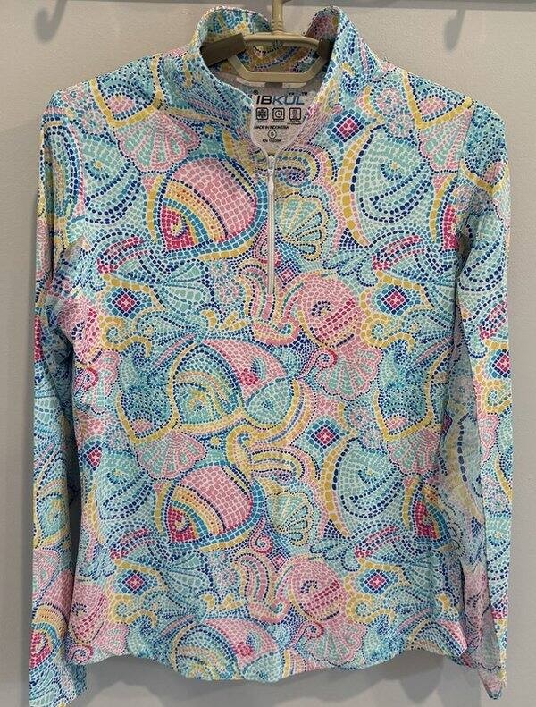 IBKUL Long Sleeve 1/4 Zip UPF 50+ Long Sleeve Shirt Blue Pink Yellow Dots Size S