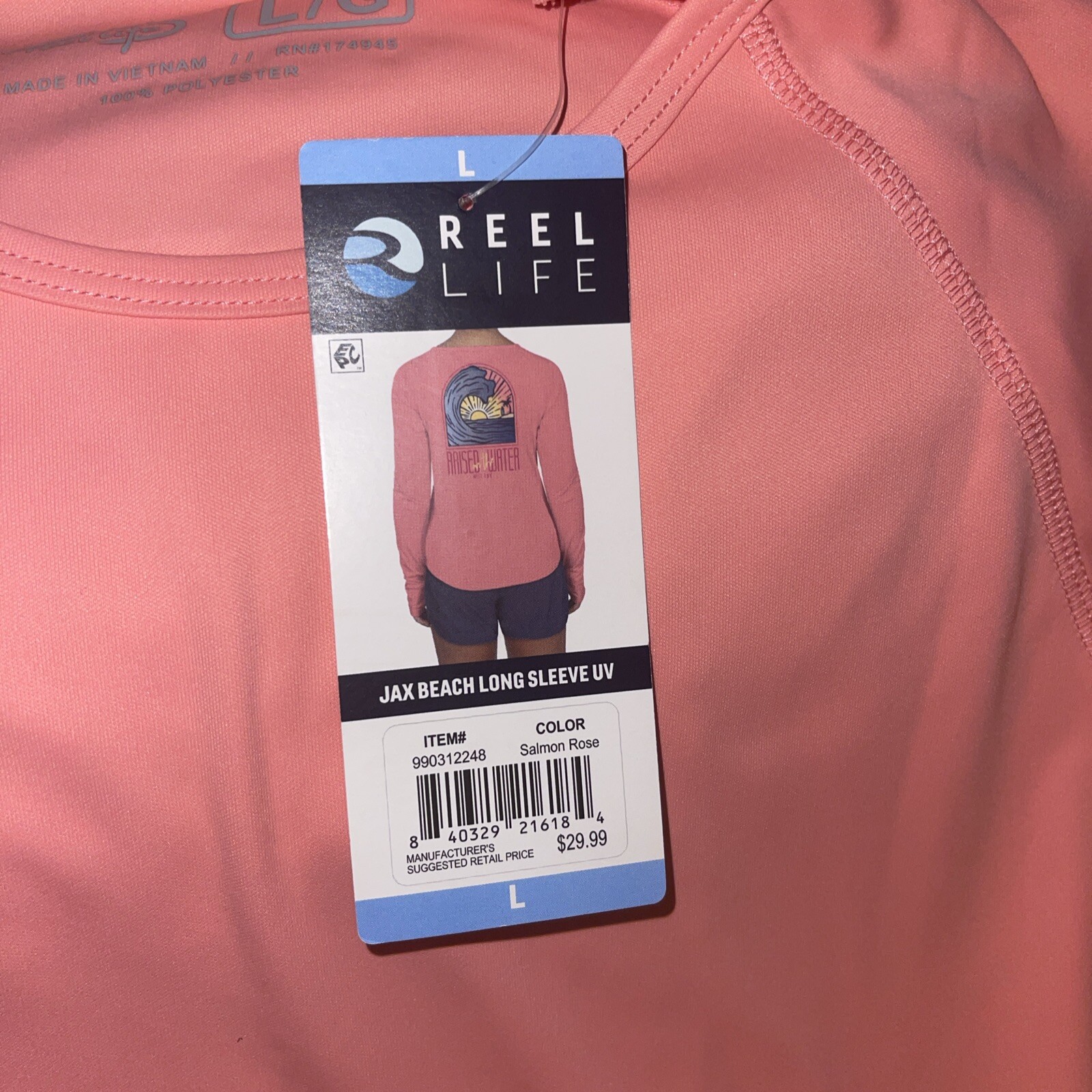 Reel Life Swim Fishing Shirt Coral L Long Sleeve UV Sun Protection Waves