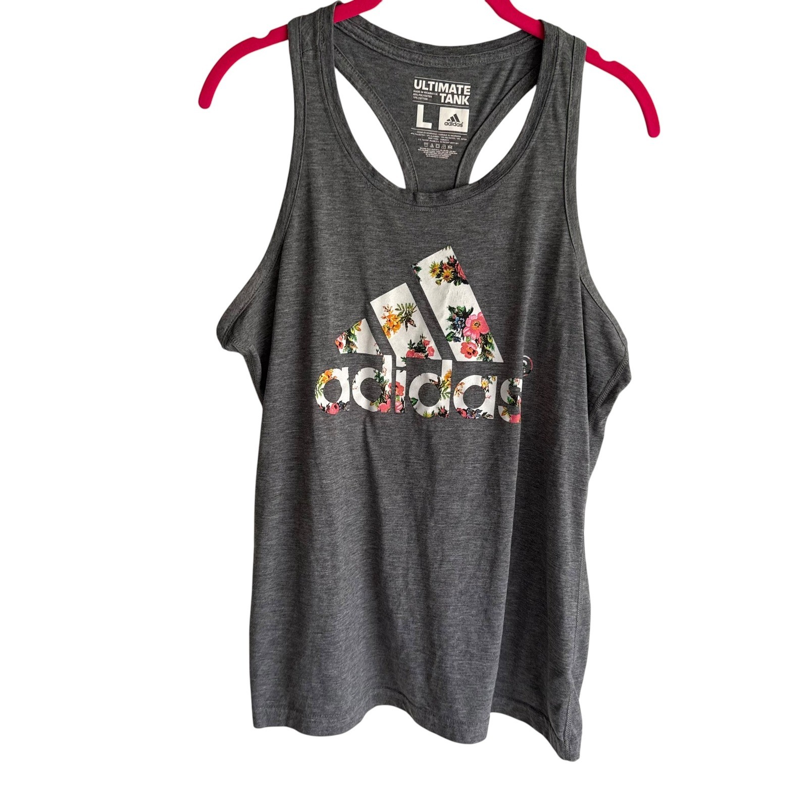 ADIDAS Gray Floral Logo Racer Ultimate Activewear Ladies Tank, L
