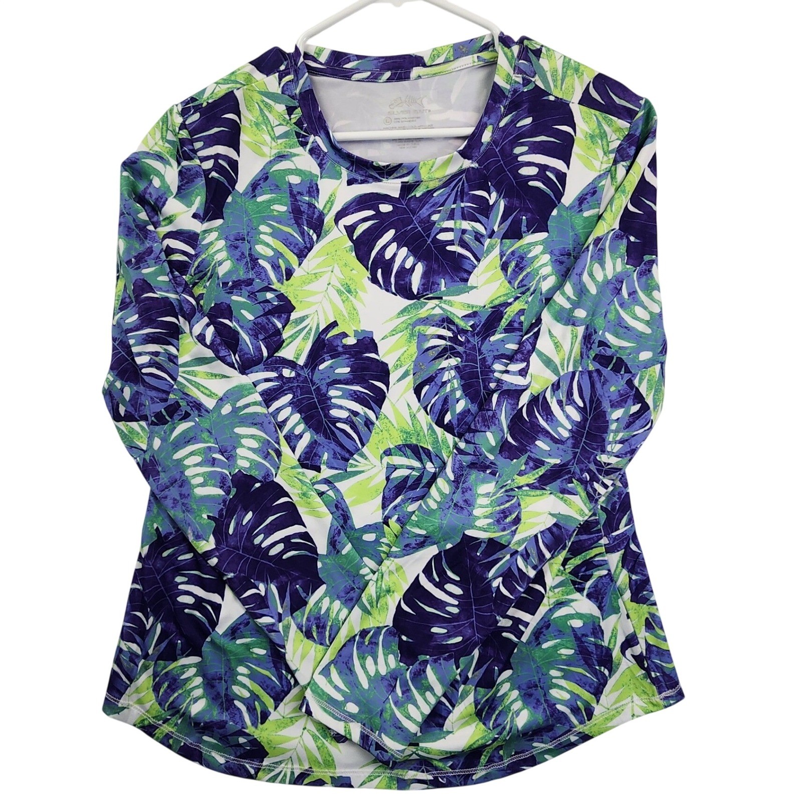 Silver Bait Purple Green Tropical Palm Leaf Fishing Shirt Sz L Rash Guard