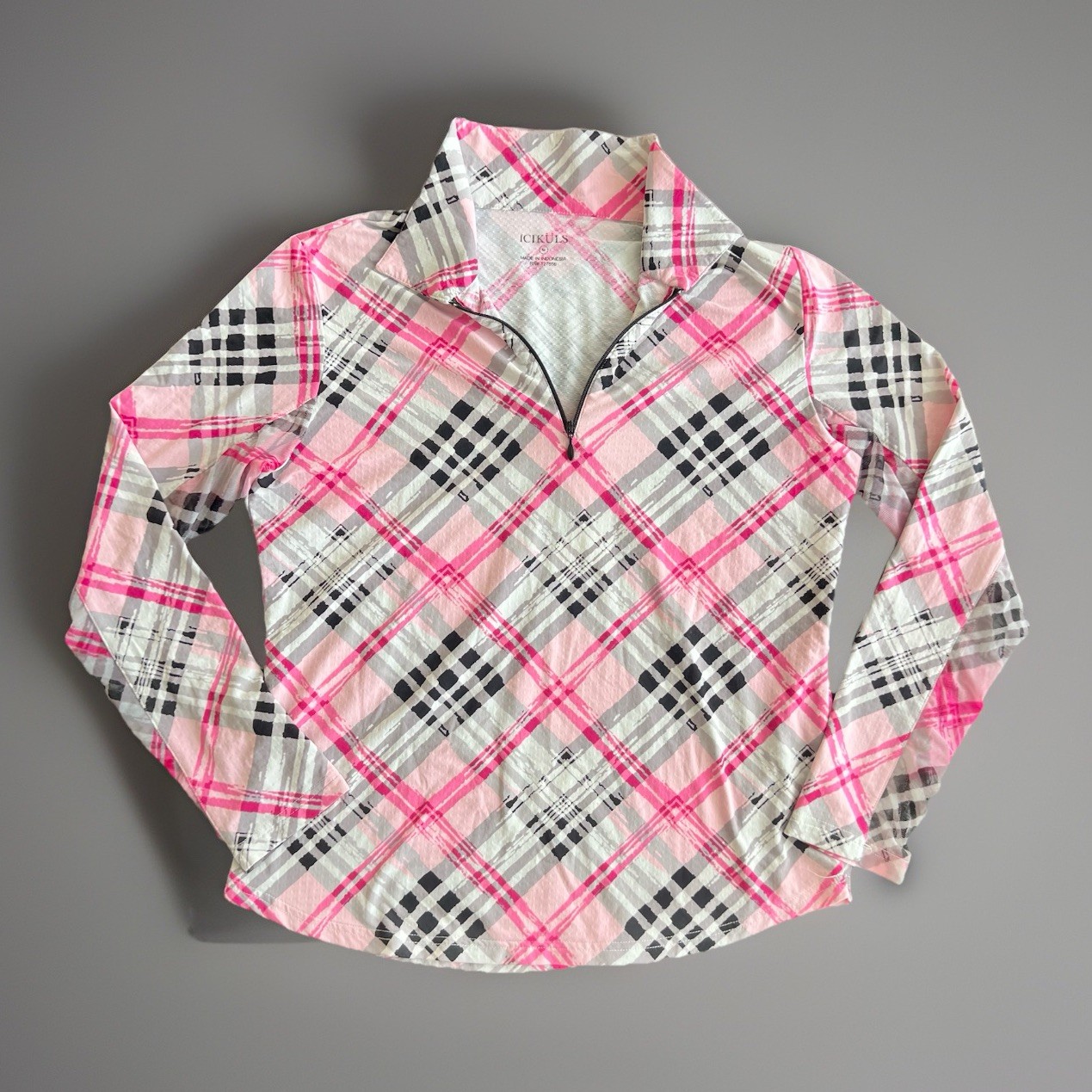 IBKÜL Plaid Print Pink Gray Black Sun Shirt M Athleisure Cooling UPF50+ Top
