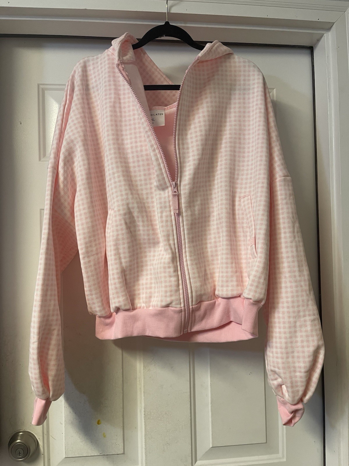 Blogilates Marshmallow Full Zip Hooded Sweatshirt Pink Gingham Size M