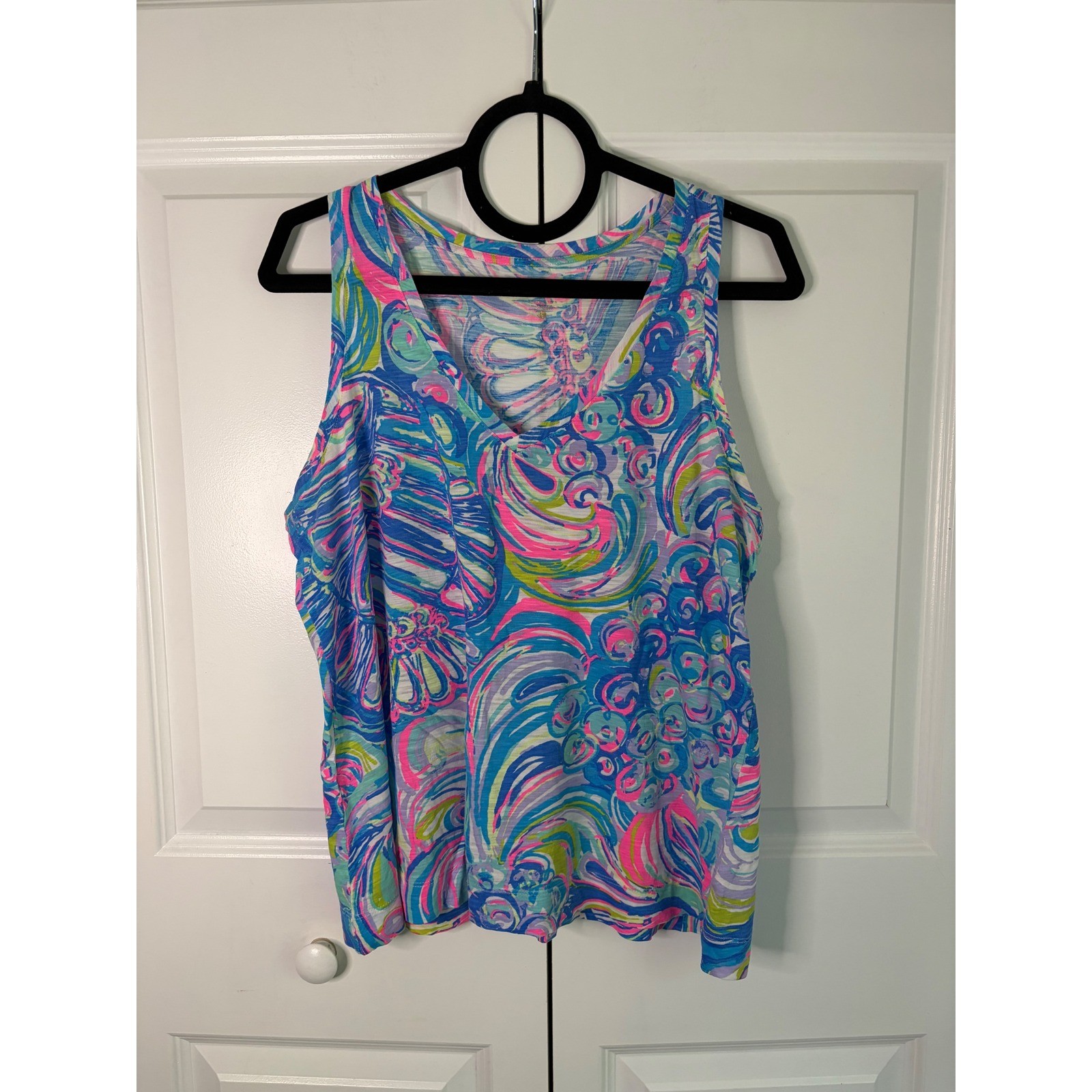 Lilly Pulitzer Luxletic Racerback Tank Top Tropical Storm Blue Pink Cotton Sz L