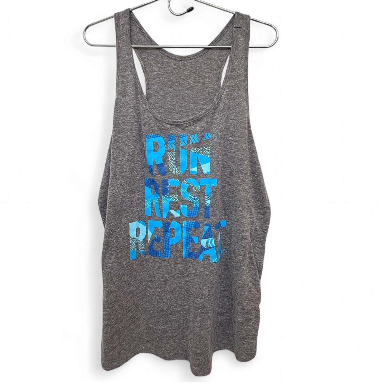 “RUN REST REPEAT” SEMI-FITTED RACERBACK TANK TOP, SIZE XXL, CHEST 44″, LENGTH 30